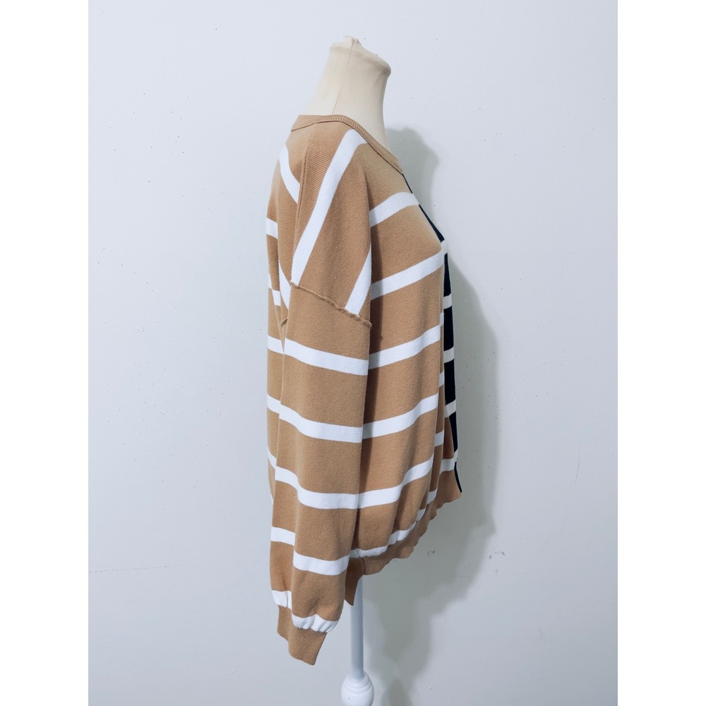 Colorblock Striped Crewneck Sweater S Black Camel Preppy Nautical Oversize - Picture 6 of 9